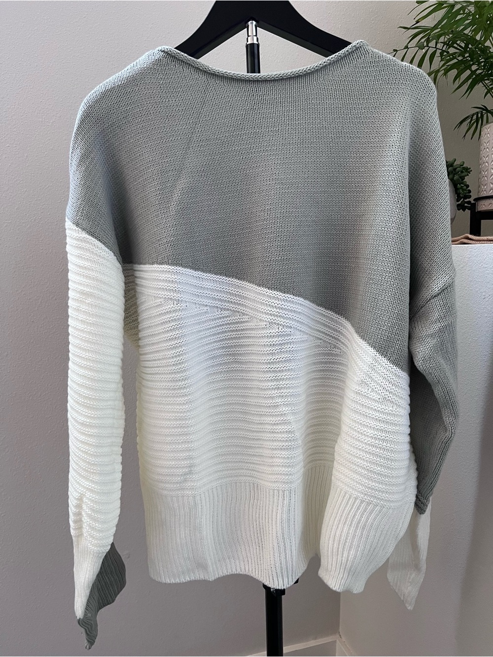 Two-Tone Gray-Green and White Crewneck Sweater